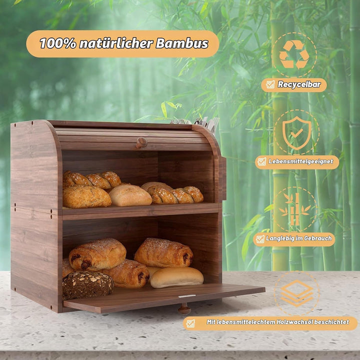 TQVAI Brotkasten Holz, Bambus Brotbehälter mit 2 Etagen Brotaufbewahrung, Bread Box mit Rolldeckel m