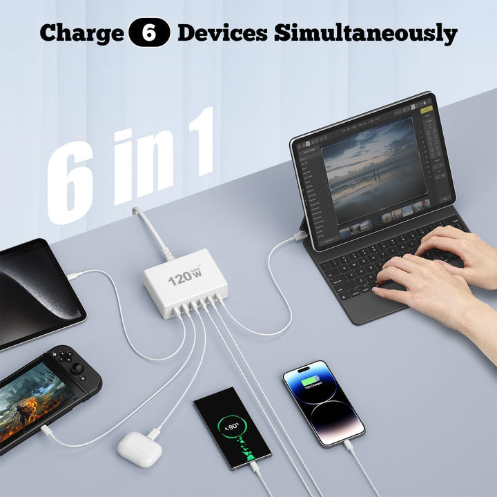 USB C Ladegerät 120W GaN，USB Ladegerät Mehrfach 【3USB-C + 3USB-A】 PD Ladestation 6 Port USB C Ladest