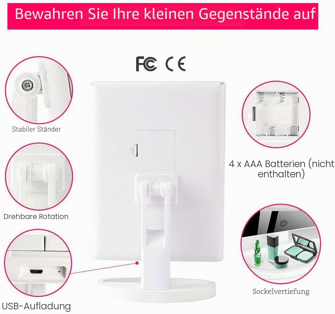 WEILY Schminkspiegel mit LED-Beleuchtung und Touchscreen, Vergrösserung 1X/2X/3X, Drehung um 180 °,