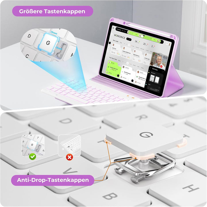 OYEEICE Hülle mit Tastatur für iPad 9/8 /7 Generation 10,2 Zoll, Vergrösserte Anti-Falloff Tastenkap