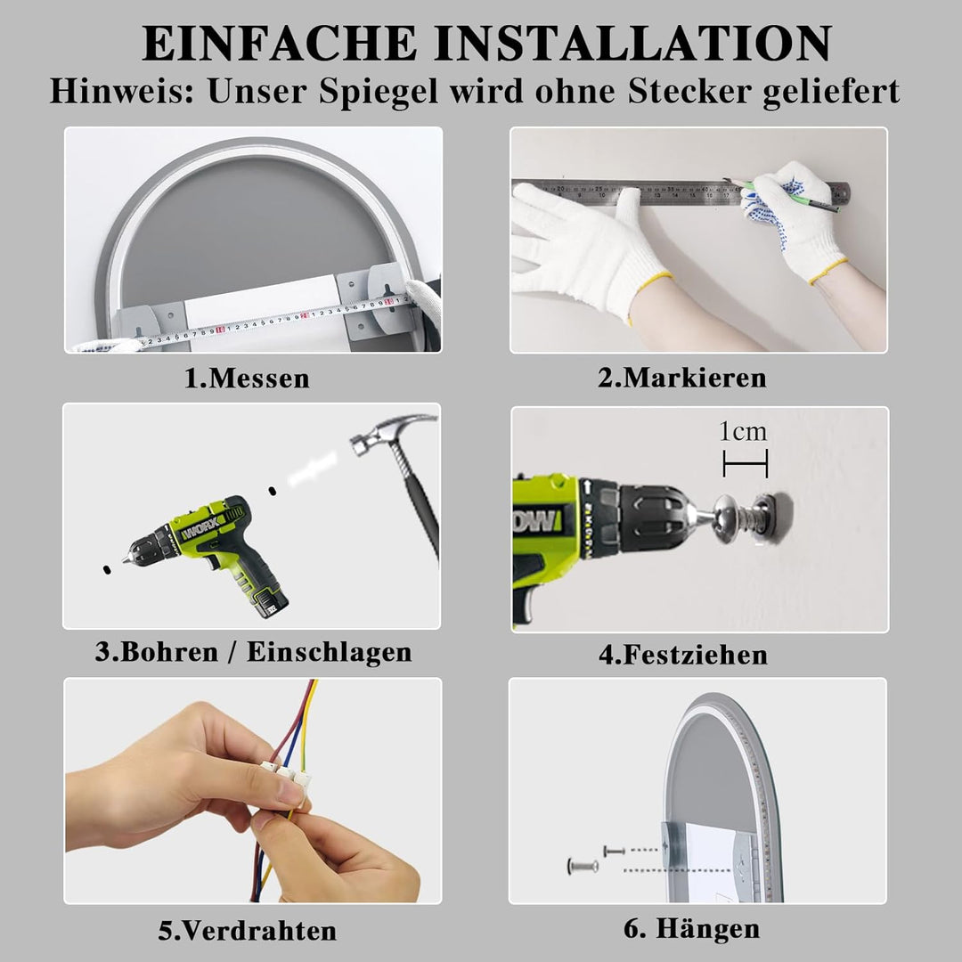 Badezimmerspiegel mit LED Beleuchtung, Beschlagfrei, Touch-Schalter, Dimmbar, 3 Lichtfarben, Wandspi