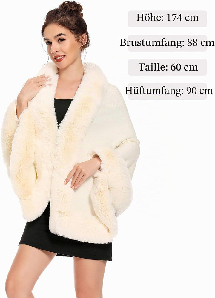 ZLYC Damen Winter Kunstpelz Poncho Cape Strick Schal Stola Warm Cardigan Beige, Beige