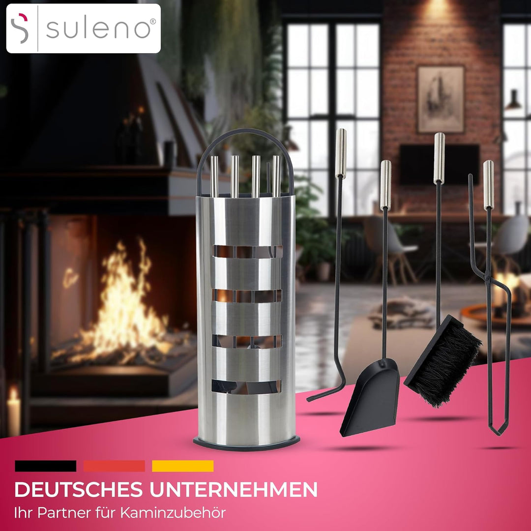 SULENO Kaminbesteck LONDON 5-teilig Kamingarnitur mit Ascheschaufel Besen Schürhaken, Kaminset & Hal