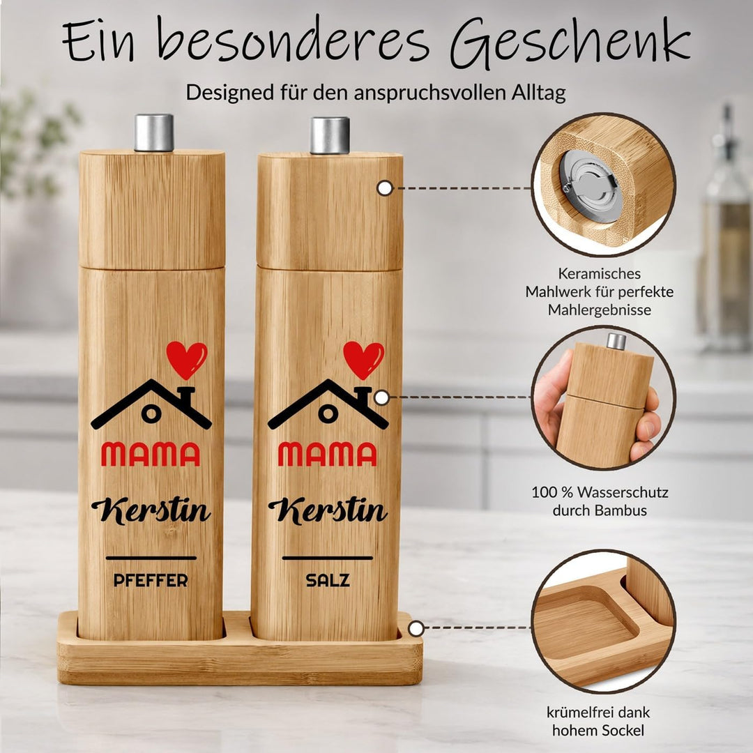 Maverton Bambus Salz und Pfeffermühle mit Aufdruck - Geburtstagsgeschenk für Frauen - personalisiert
