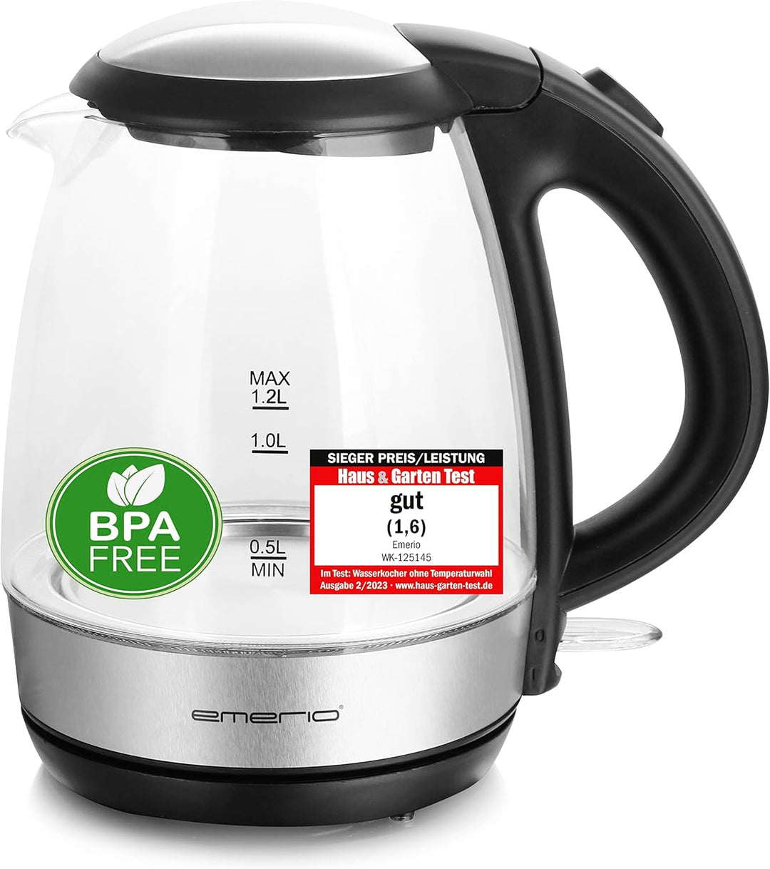 Emerio Glas Wasserkocher, 1.2 Liter, 2200 Watt, LED Innenbeleuchtung, 360° Basis, Borosilikatglas, B