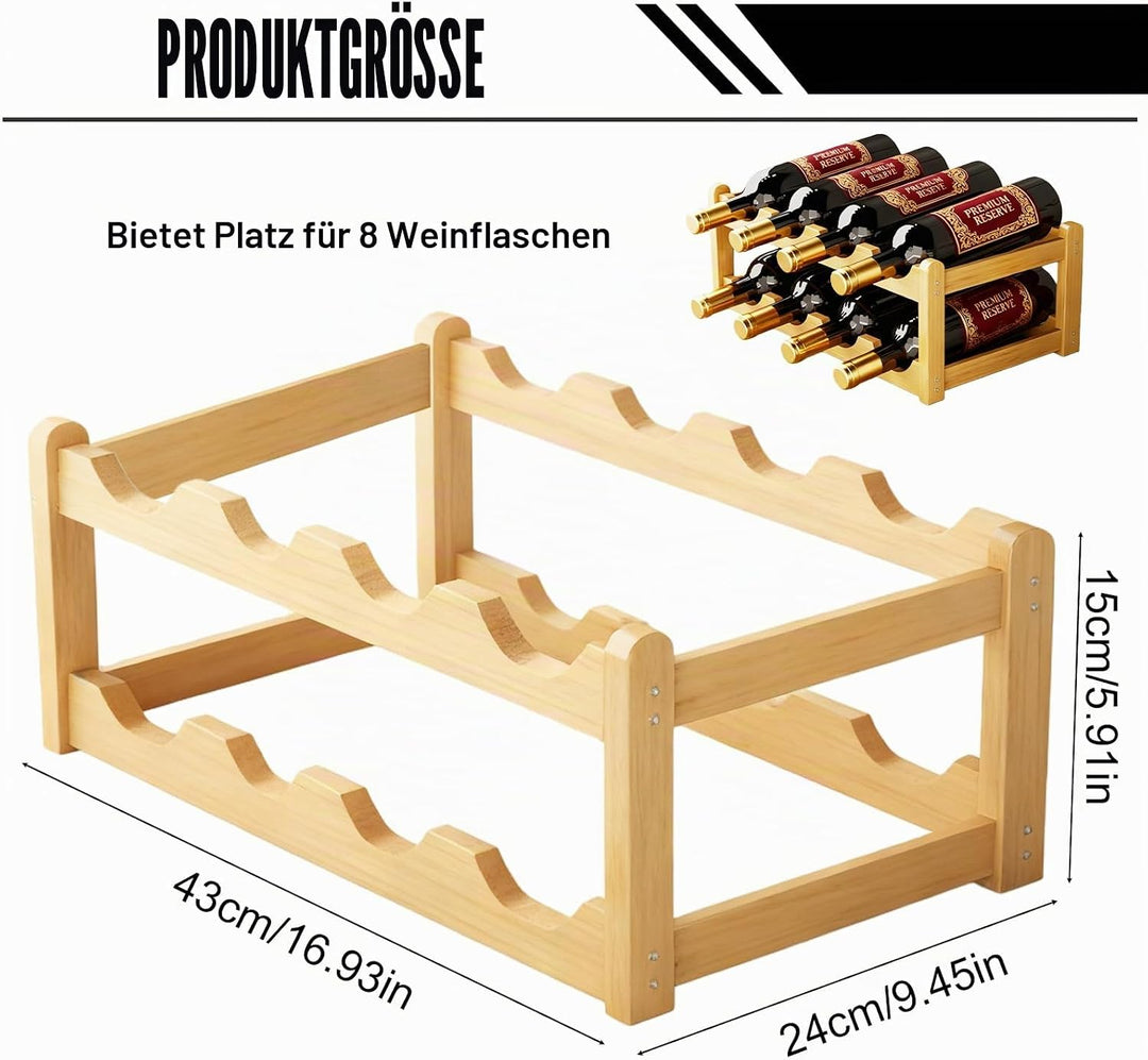 Weinregal Holz: Flaschenregal für 8 Flaschen, 2 Fach Flaschenhalter Aus Bambus, Natürlich Weinflasch