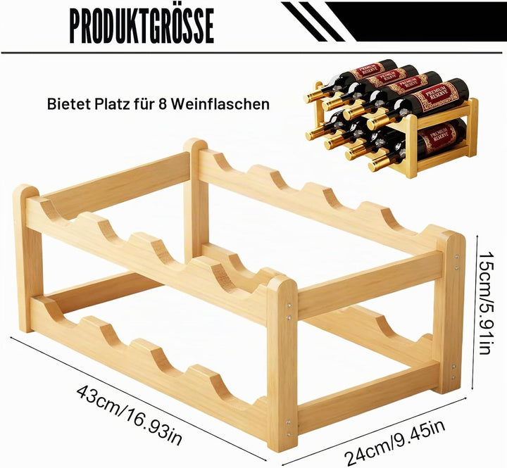 Weinregal Holz: Flaschenregal für 8 Flaschen, 2 Fach Flaschenhalter Aus Bambus, Natürlich Weinflasch