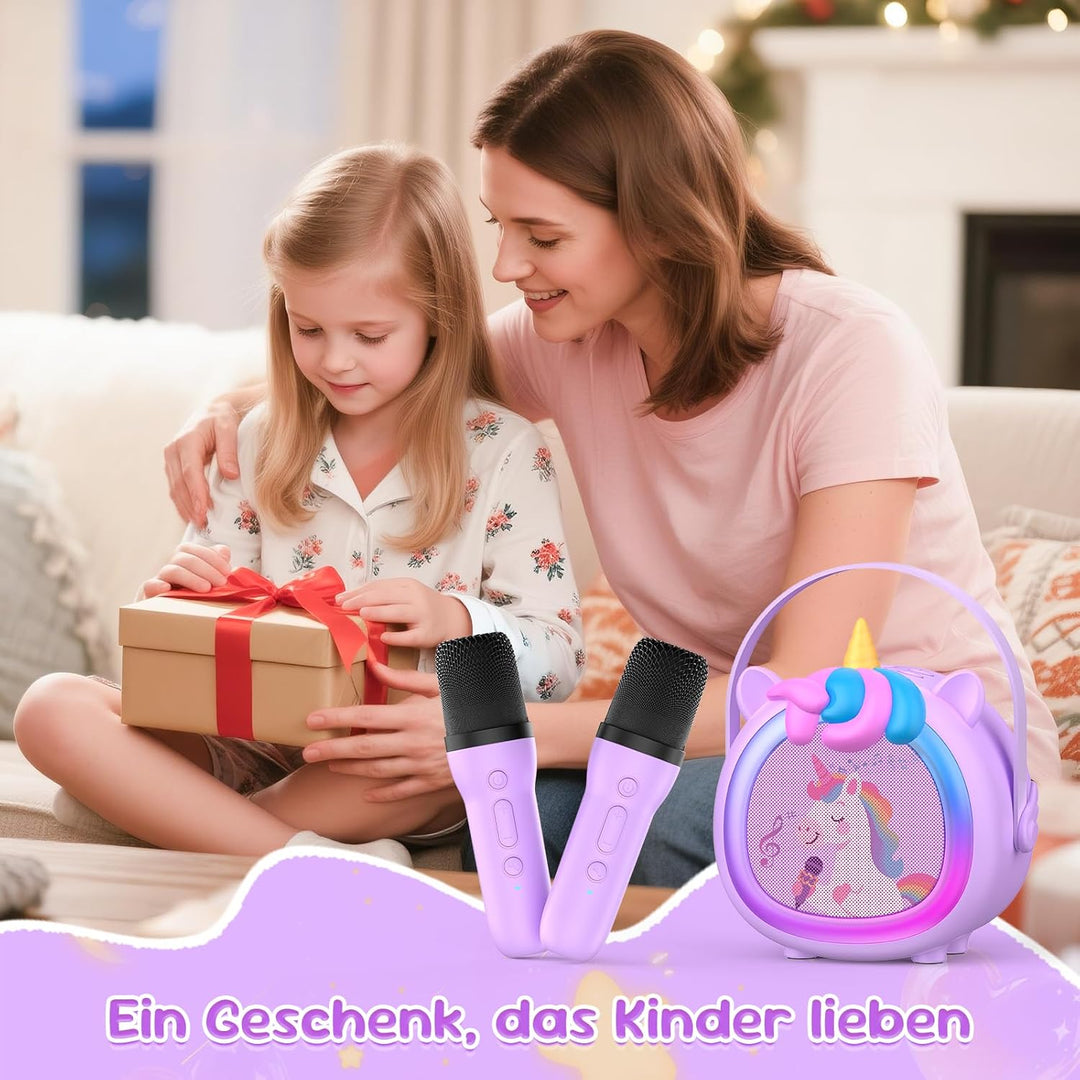 Kinder Karaoke Maschine mit 2 kabellosen Bluetooth Mikrofonen, Kompaktes Einhorn Musikspielzeug mit