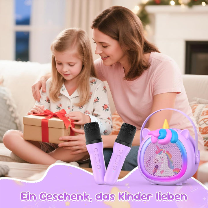 Kinder Karaoke Maschine mit 2 kabellosen Bluetooth Mikrofonen, Kompaktes Einhorn Musikspielzeug mit