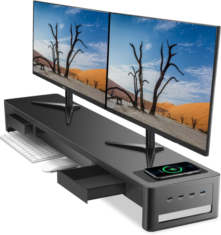 Meatanty 3 in 1 Dual Monitorständer mit 2 Schubladen, 1 kabelloses Lademodul und 4 USB Anschlüssen,