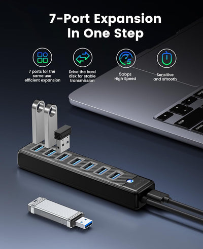 ORICO USB HUB 3.0, 7 Port USB HUB mit 5V/3A Netzteil Port, USB Verteiler für Laptop, MacBook Pro/Min