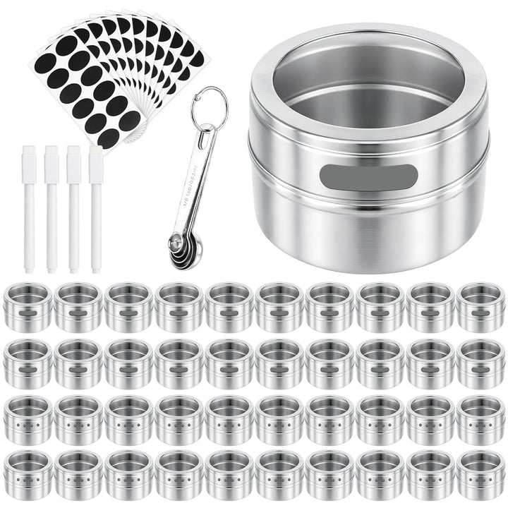 40er Set Magnetische Gewürzdosen aus Edelstahl, 100ml Gewürzbehälter mit Sichtfenster, inklusive Gew