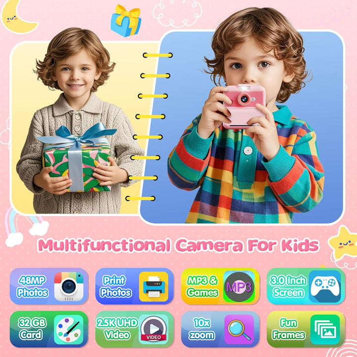 CAMCLID Sofortbildkamera Kinder, 3,0 Zoll Bildschirm Kinderkamera Sofortbildkamera, 48MP/2,5K UHD Ki