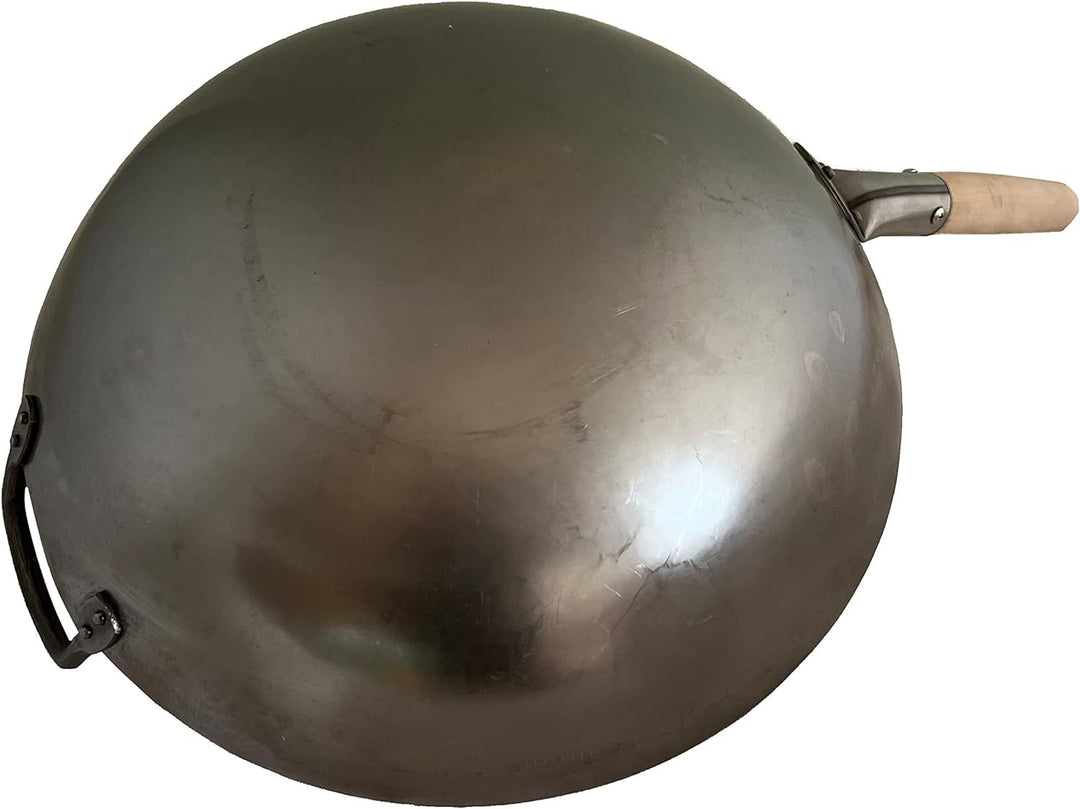 AAF Nommel Wok Pfanne aus Carbonstahl handgehämmert 38 cm Durchmesser mit rundem Boden Doppelgriff