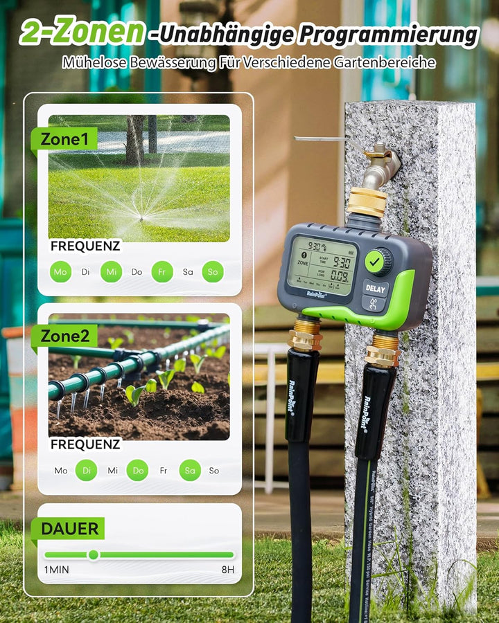 RAINPOINT Bewässerungscomputer mit 2 Ausgängen, grosses All-in-One LCD-Display, 2-Zonen Zeitschaltuh