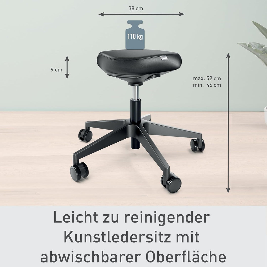 Leitz Ergo Höhenverstellbarer Sitzhocker (46–59 cm) mit Rollen, Bürohocker mit Sitzpolster, Ergonomi