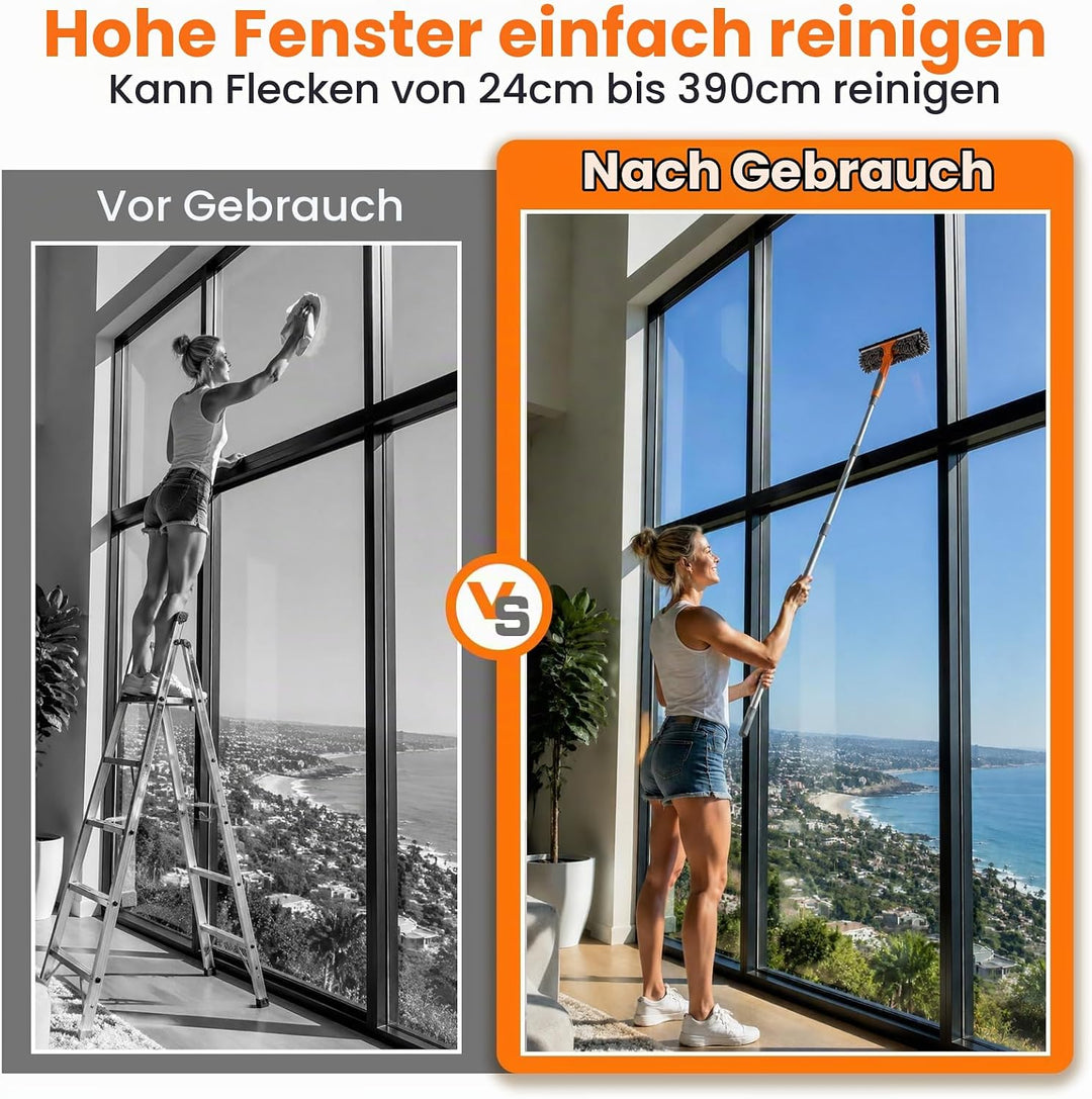 2-in-1 Fensterreinigungsset, 24cm-390cm Extra Lange Teleskopstange, Fensterputzer Set &amp; Fensterwisch