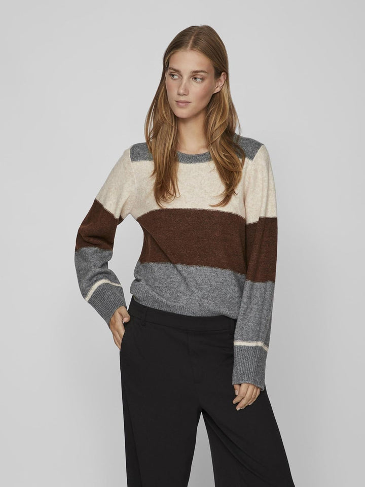 Vila Damen Viellie O-Neck L/S Stripe Knit Top Strickpullover M Grau, M Grau