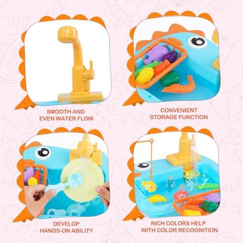 Küchenspüle Spielzeug Set mit Angelspiel, Kinderspüle mit Fliessendem Wasser, Spülbecken Kinderküche