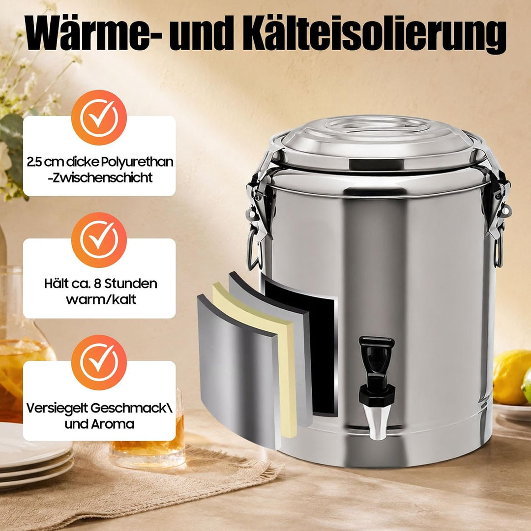 Edelstahl Getränkespender, 14L Transport Thermobehälter mit Zapfhahn, Auslaufsicherer Thermobehälter