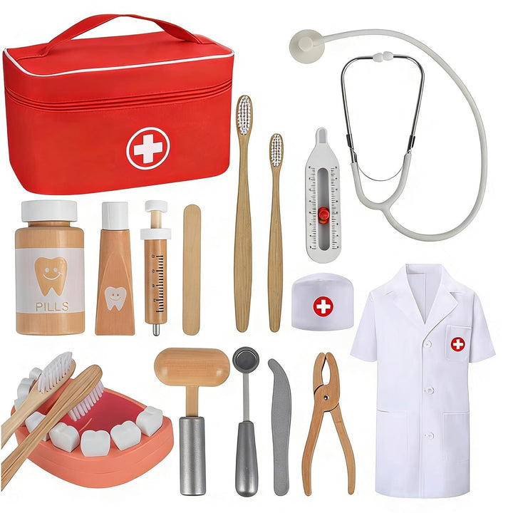 Arztkoffer Kinder Holz Spielset - Mit echtem Stethoskop, Arztkittel und Doktortasche in Rot, perfekt