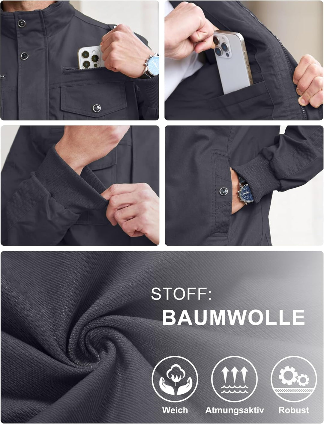 EKLENTSON Herren Übergangsjacke Frühling Cargo Jacke Arbeitsjacke mit Vielen Taschen S Grau #91, S G
