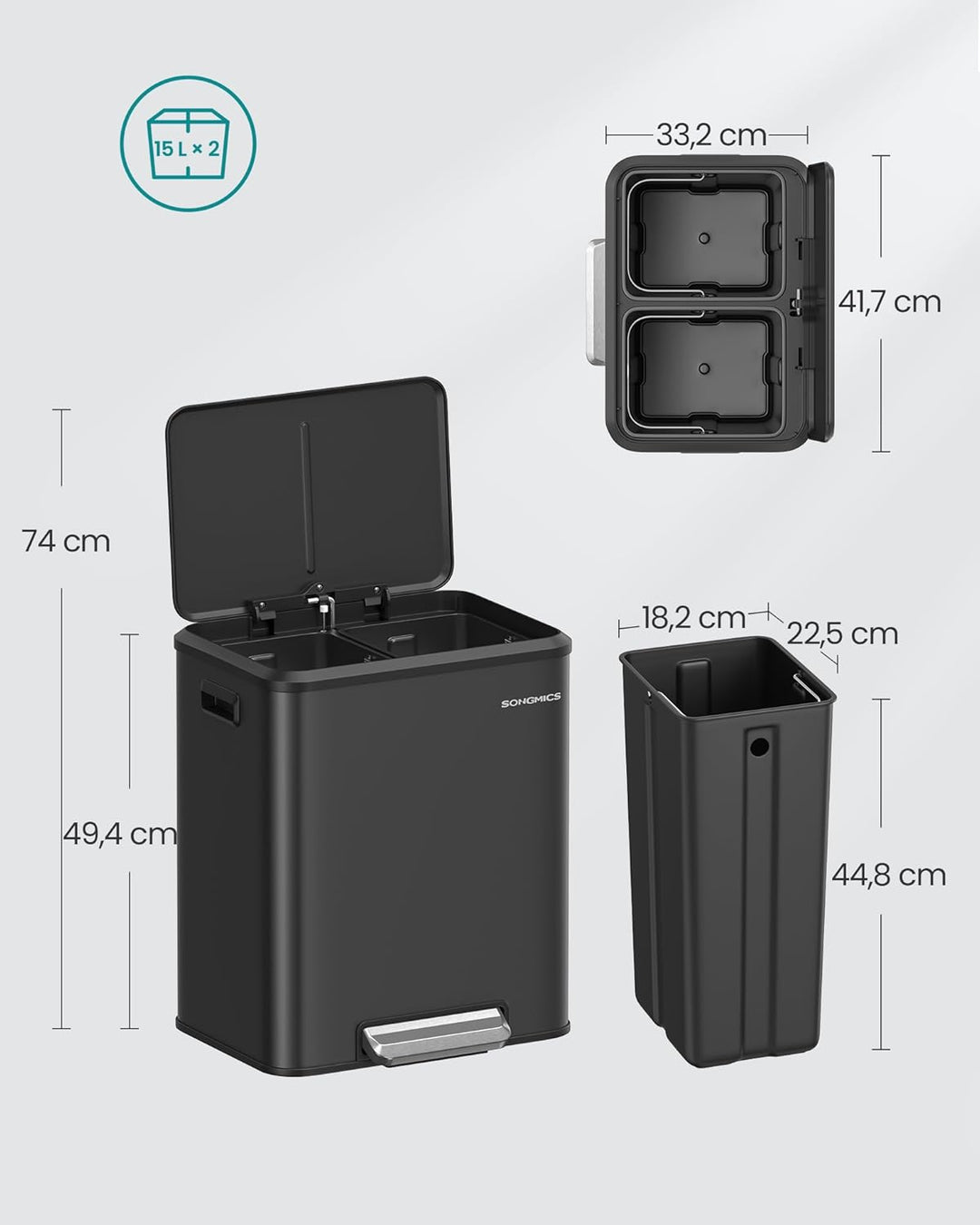 SONGMICS Mülleimer Küche, Mülltrennsystem 2 x 15 L, 2 Fächer für Recycling und Restmüll, Abfalleimer