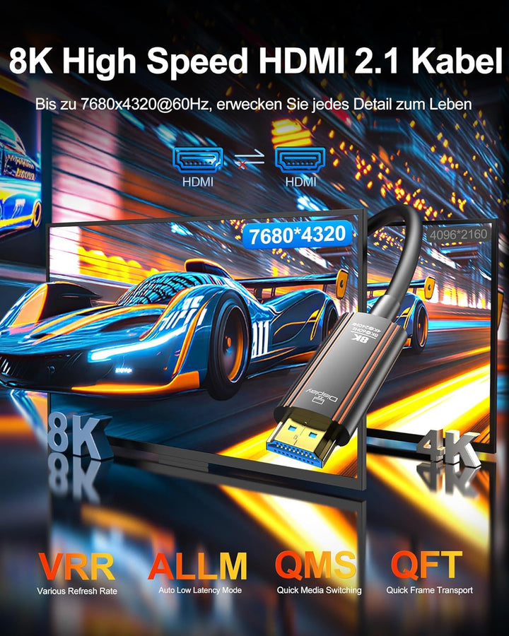 Glasfaser HDMI Kabel 7.5Meter, 8K Langes HDMI 2.1 Kabel 48Gbps Ultra High Speed Unterstützt 8K@60Hz