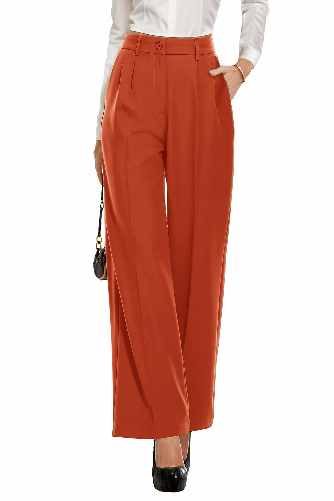 PrinStory Damen Hose Mit Weitem Bein Leichte Elastische Taille Sommer Hose Mit Taschen Kausale Büro
