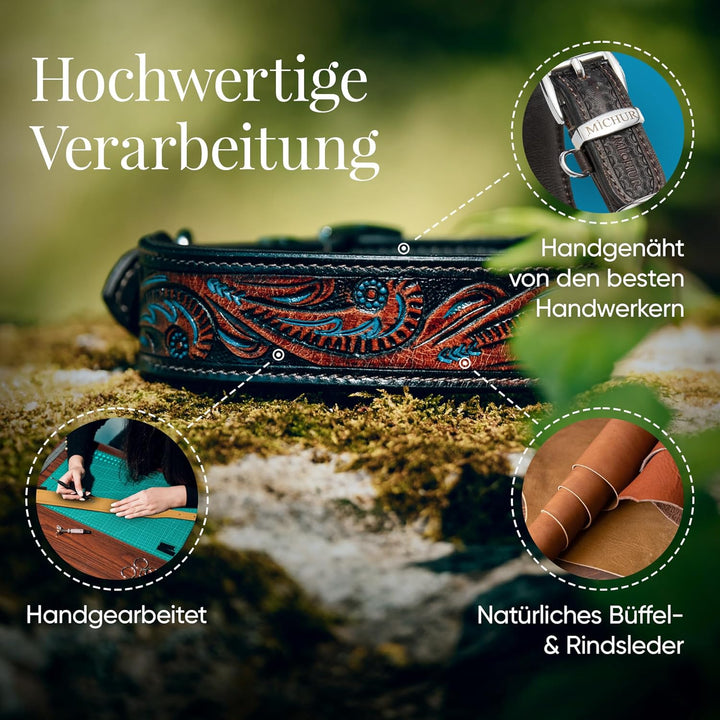 MICHUR Luis Hundehalsband Leder, Lederhalsband Hund, Halsband, Braun mit blauen Akzenten und schönem
