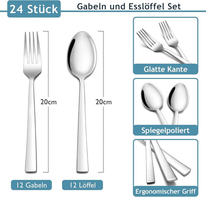 Gabeln und Löffel Set, Herogo 24 Stück Edelstahl Tafellöffel und Tafelgabeln, Silber Besteck Set für