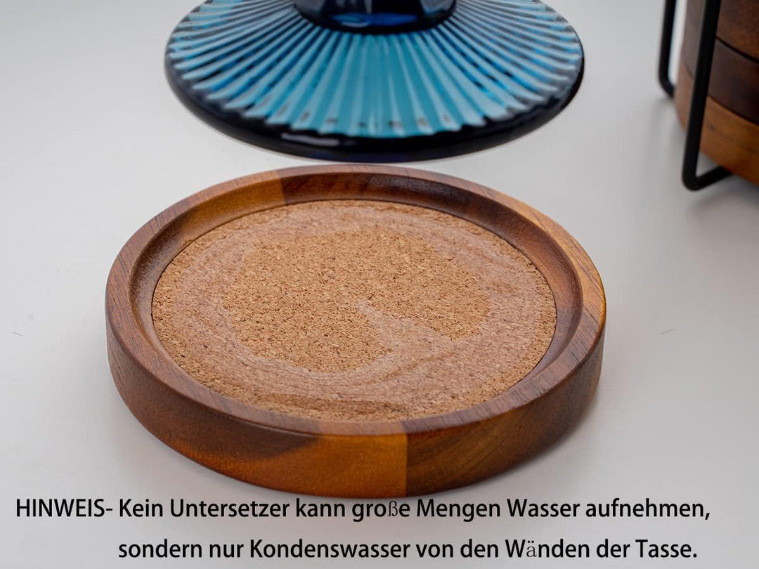 Holz Untersetzer Rund für Gläser 6er Set, Glasuntersetzer aus Akazienholz und Kork mit Halter, Unter