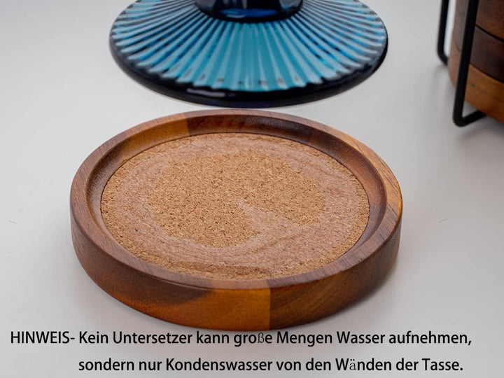 Holz Untersetzer Rund für Gläser 6er Set, Glasuntersetzer aus Akazienholz und Kork mit Halter, Unter
