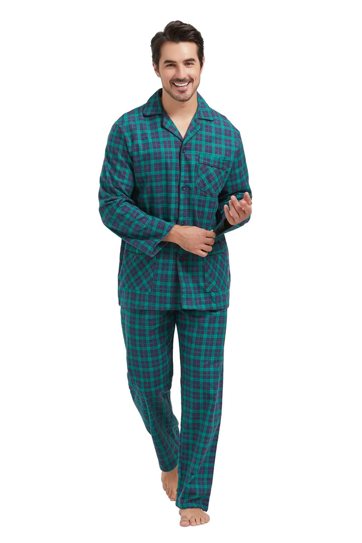 Amaxer Flanell Schlafanzug Herren 100% Baumwolle Pyjama mit Knopfleiste Set Lang Warmer Winter Schla