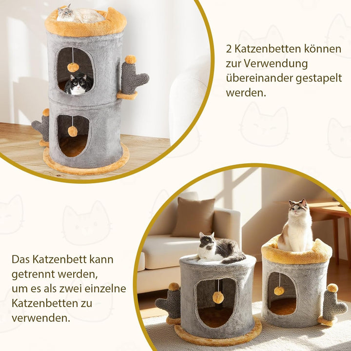GYMAX Kratztonne Ø 48 cm, Höhe 83 cm, Katzentonne mit 2 Höhle, gepolstertem oberen Sitzbrett & 2 Spi