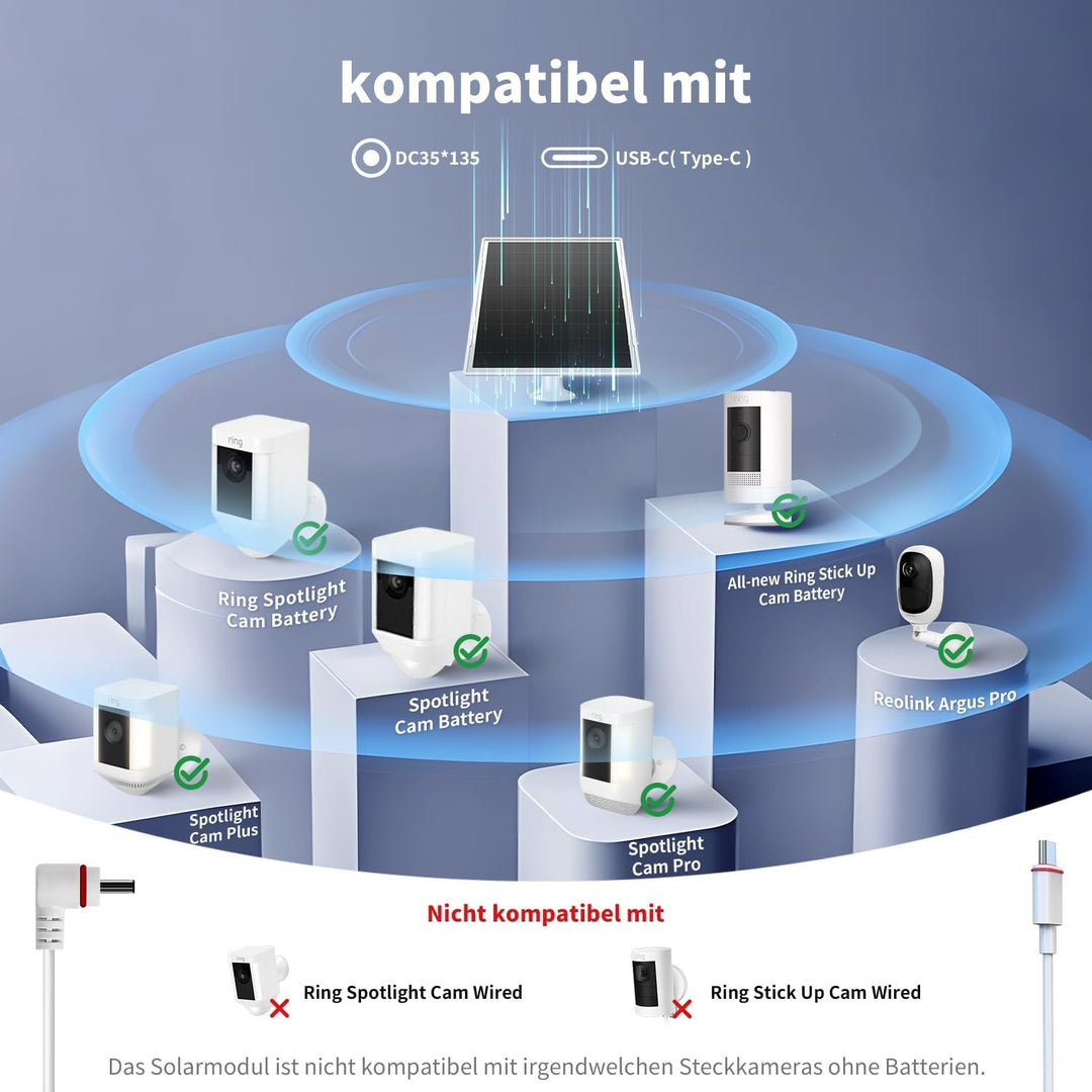 8 W Solarpanel für Ringkamera, Solar-Ladegerät mit DC35 x 135-Anschluss und 3 m Kabel (Fassstecker a