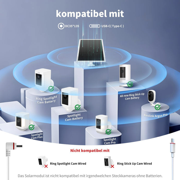 Solarmodul für Ring-Kameras, 6W-Solarladegerät kompatibel mit Ring Stick Up Cam/Pro und Spotlight Ca