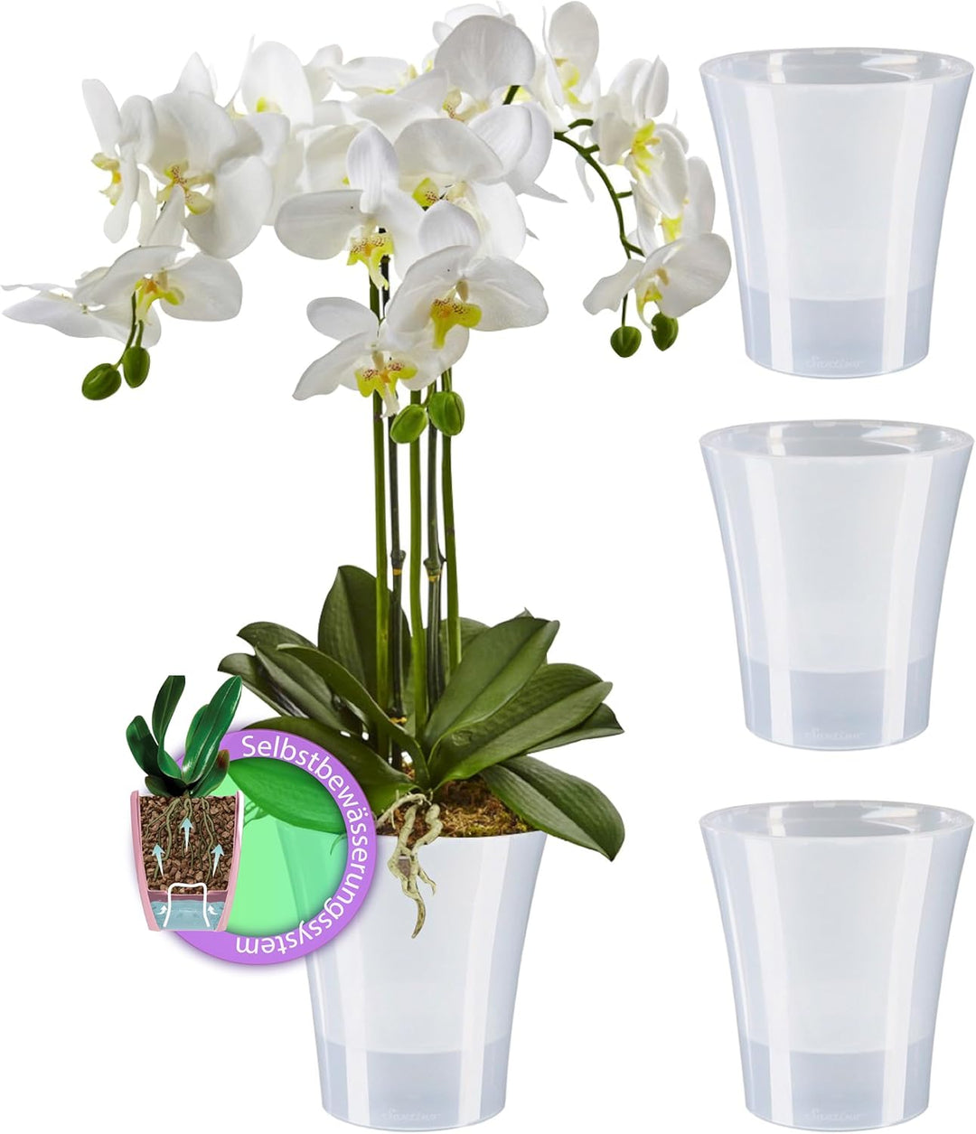 Santino 4er-Set Orchideentopf transparent mit selbstbewässerndem Dochtsystem - D 15 cm - Transparent