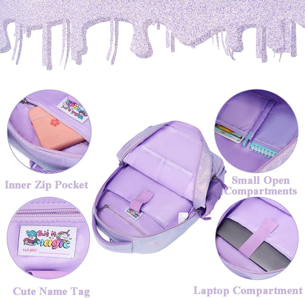 Kimwadalh Schultaschen Kinder Mädchen Rucksack Glitzer Kinerrucksack Schultaschen Set Bunte Schulruc