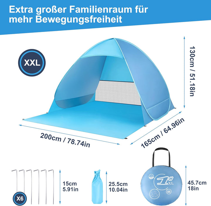 XXL Strandmuschel Pop Up für 3 Erwachsene oder 5 Kinder (200x165x130cm) - Silberbeschichtetes Strand