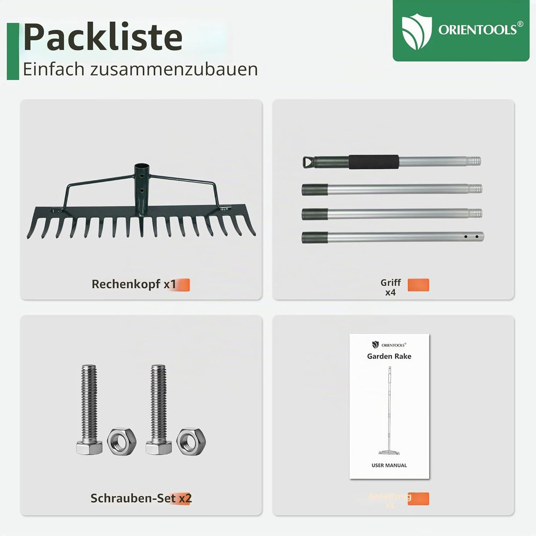 ORIENTOOLS Gartenrechen, schwere Ausführung, 44 cm Breite, 160 cm Stiellänge, 1,7 kg für Boden locke