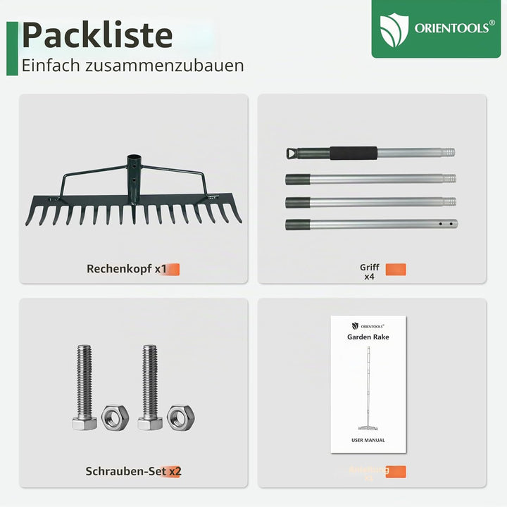 ORIENTOOLS Gartenrechen, schwere Ausführung, 44 cm Breite, 160 cm Stiellänge, 1,7 kg für Boden locke