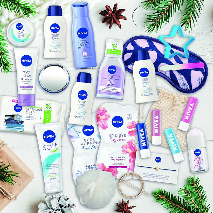 NIVEA Adventskalender 2022 (24 Stück), NIVEA Geschenkset enthält Feuchtigkeitspflege, Gesichtswäsche