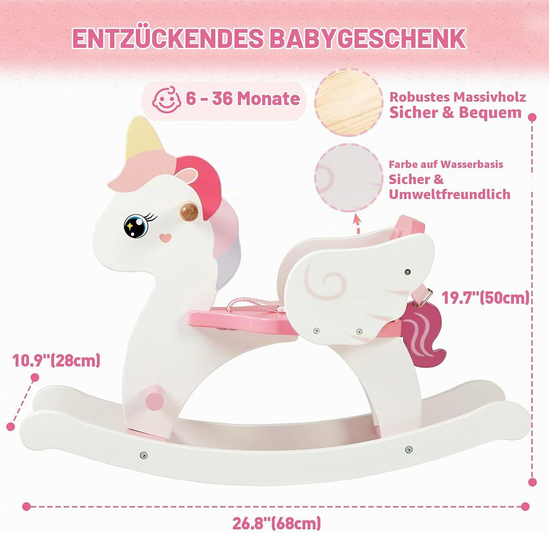 FUNLIO Einhorn Schaukelpferd Holz für 0,5-3 Jahre, Niedliches Schaukelpferd Baby mit Sicherheitsgurt