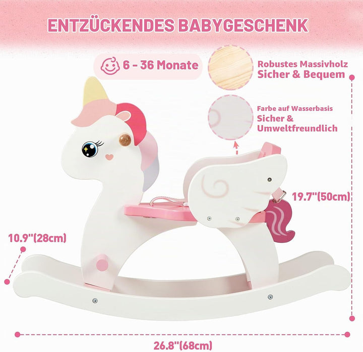 FUNLIO Einhorn Schaukelpferd Holz für 0,5-3 Jahre, Niedliches Schaukelpferd Baby mit Sicherheitsgurt