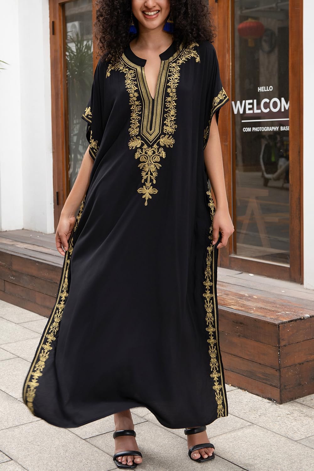 L-Peach Damen Stickerei Kaftan Loungewear Homewear Übergrosse Kimono Maxi Strandkleid Cover Ups Robe