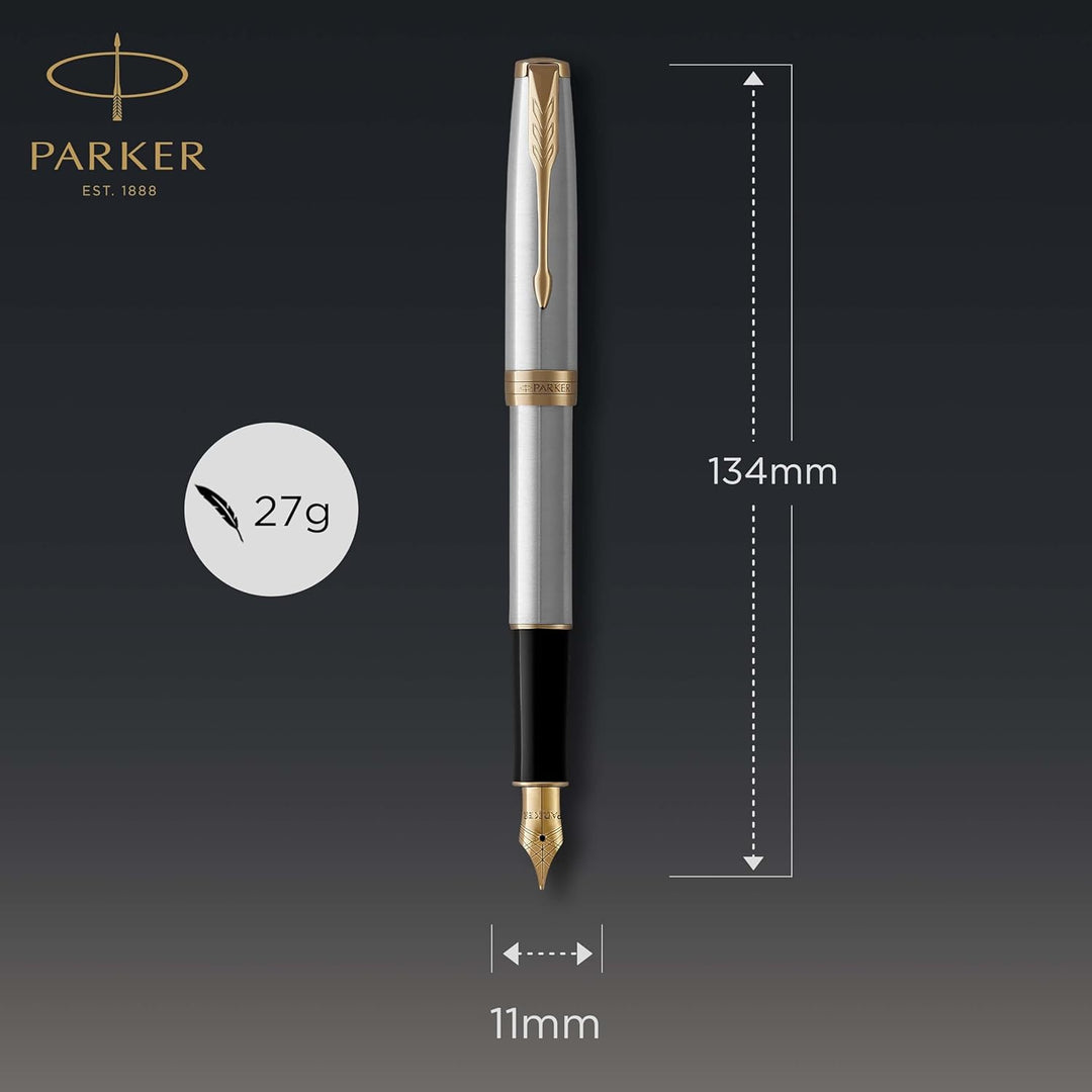 Parker Sonnet Füller | Edelstahl mit Goldzierteilen | Füllfederhalter mit feiner Feder | Geschenkbox