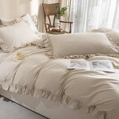 AShanlan Bettwäsche Rüschen 135x200 Beige Uni Einfarbig Romantisch Rüschenbettwäsche Set 2 Teilig Mi
