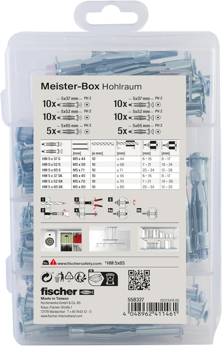 fischer MEISTER-BOX Hohlraumdübel, Sortimentsbox mit 50 Hohlraummetalldübeln und Schrauben, praktisc