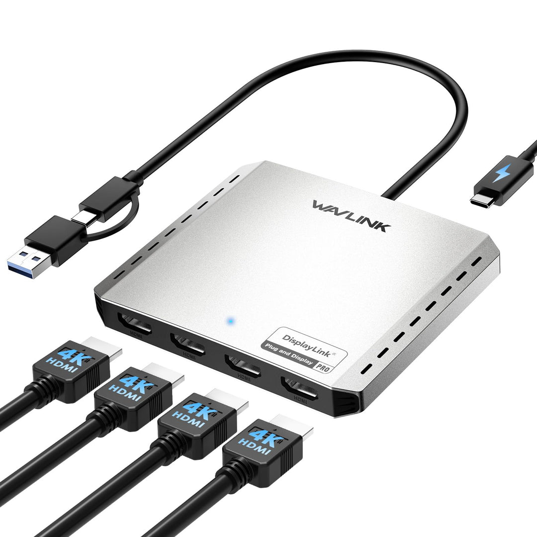 WAVLINK USB 3.0/C to Quad HDMI Splitter Extended Display for Four Monitor with 85W PD, Displaylink A